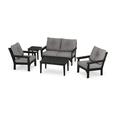 POLYWOOD Vineyard 5-Piece Deep Seating Set w/ Loveseat - Black / Grey Mist